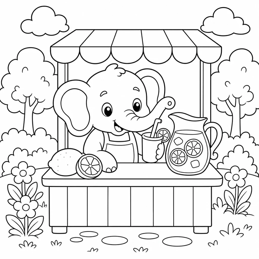Coloriage : Éléphant à un stand de limonade