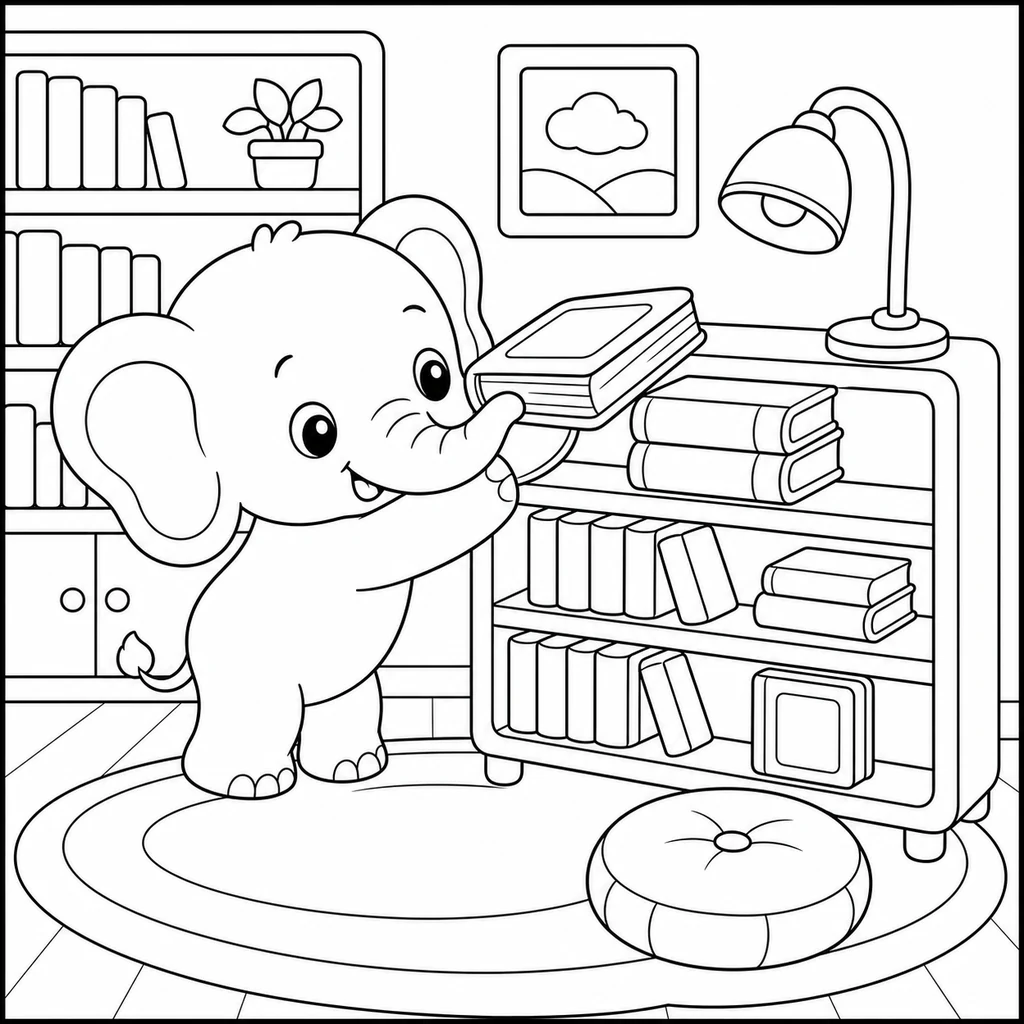 Coloriage : Éléphant qui range des livres