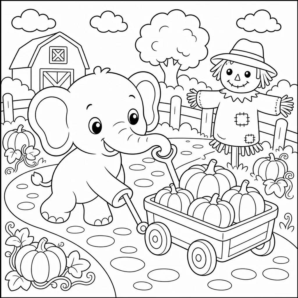 Coloriage : Éléphant avec une petite charrette de citrouilles