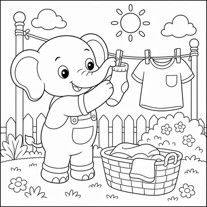 Elephant hanging clothes coloring page