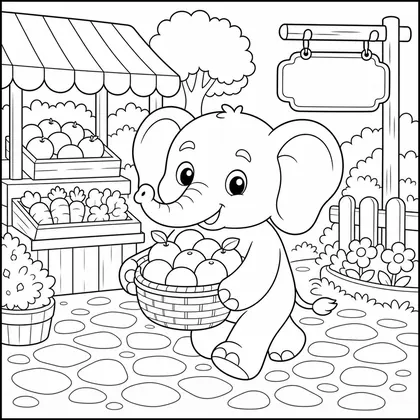 Elephant at the market coloring page