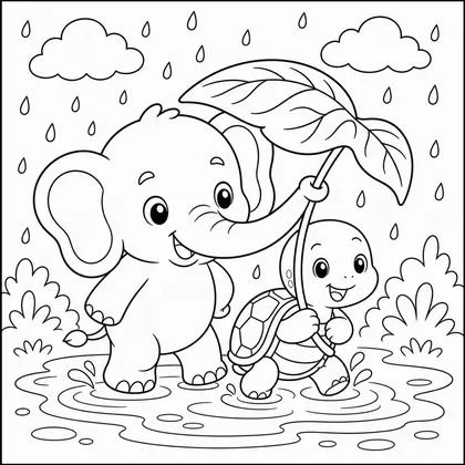 Elephant with a leaf umbrella coloring page