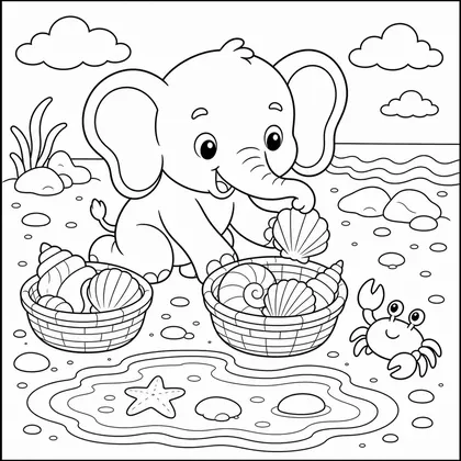 Elephant collecting seashells coloring page