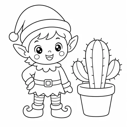 Elf with cactus and hat coloring page