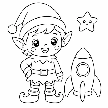 Elf with toy rocket coloring page