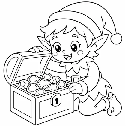 Dibujo de elfo con cofre del tesoro para colorear