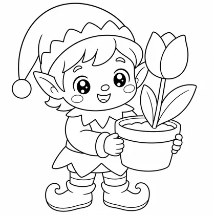 Dibujo de elfo con maceta y tulipan para colorear