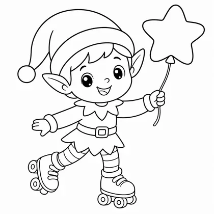 Dibujo de elfo con patines y globo estrella para colorear