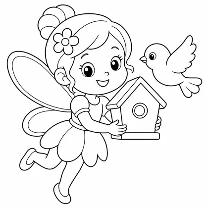 Dibujo de hada con casita de pájaro para colorear