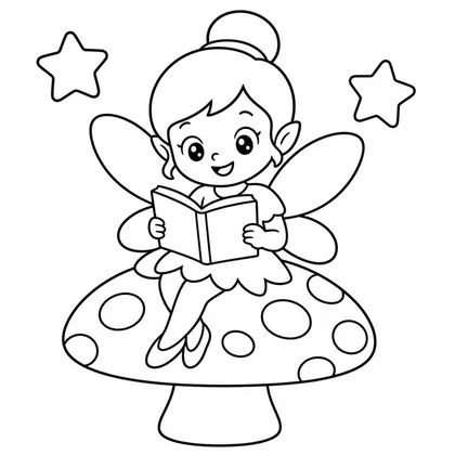 Dibujo de hada leyendo sobre una seta para colorear