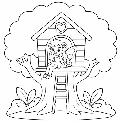 Dibujo de hada en casa del árbol para colorear
