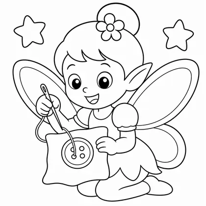 Dibujo de hada cosiendo un botón para colorear