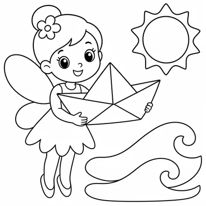 Dibujo de hada con barco de papel para colorear