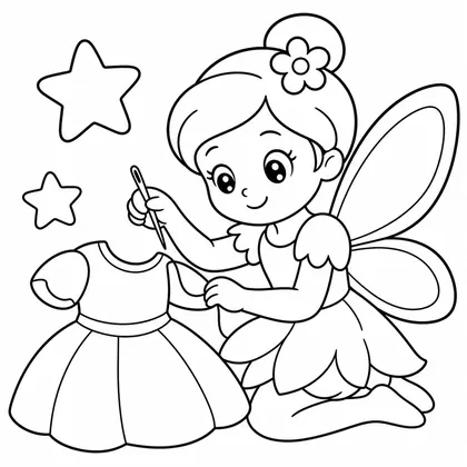Dibujo de hada cosiendo un vestido para colorear