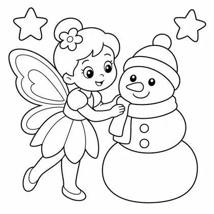 Dibujo de hada haciendo un muneco de nieve para colorear