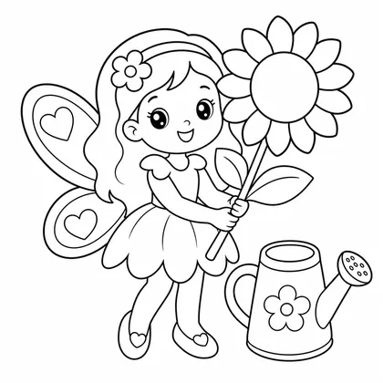 Dibujo de hada con girasol gigante para colorear
