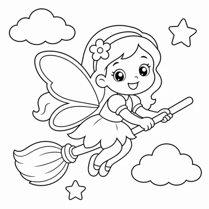 Dibujo de hada en escoba voladora para colorear