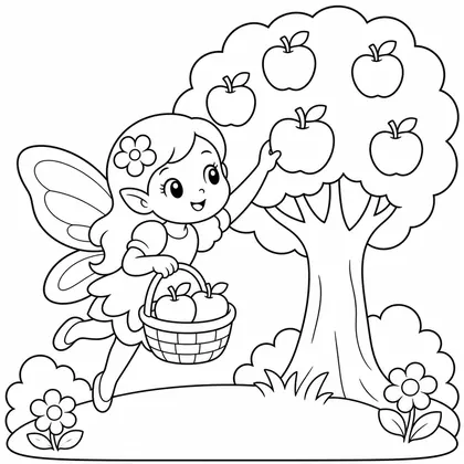 Dibujo de hada recogiendo manzanas para colorear