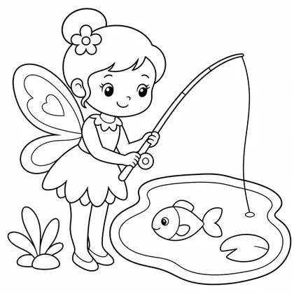 Dibujo de hada pescando en el estanque para colorear