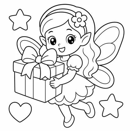 Dibujo de hada con caja de regalo para colorear