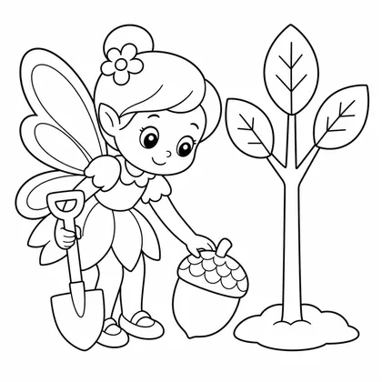 Dibujo de hada plantando una bellota para colorear