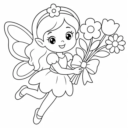 Dibujo de hada con ramo de flores para colorear