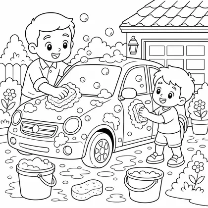 Dibujo de lavando el coche con papá para colorear