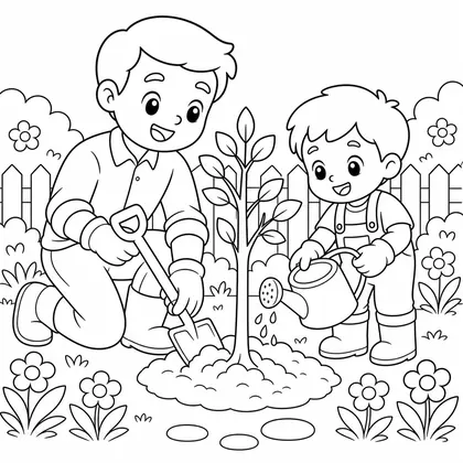 Dibujo de plantando árbol con papá para colorear