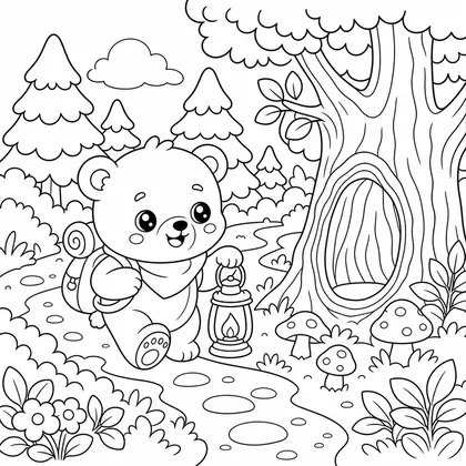 Dibujo de oso con farol en el sendero para colorear