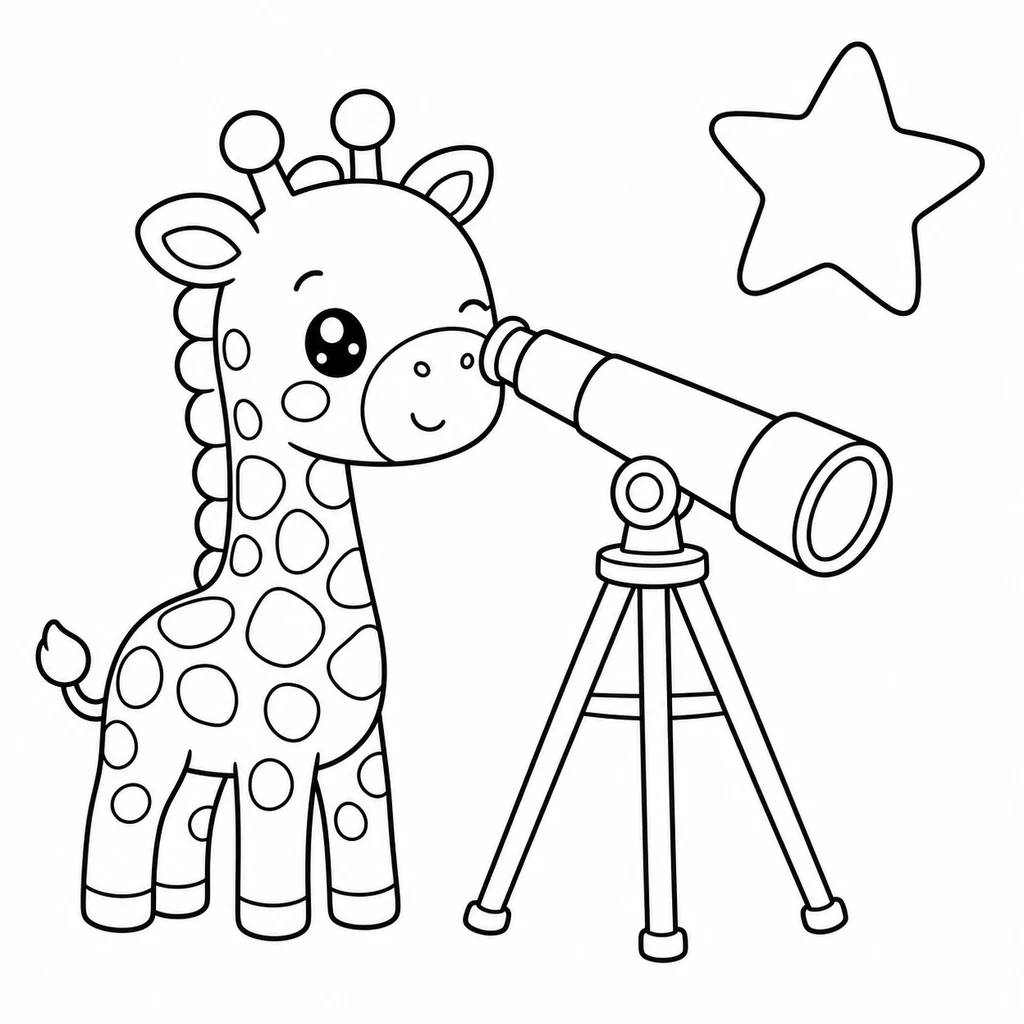 Coloriage : Girafe avec un télescope et une étoile