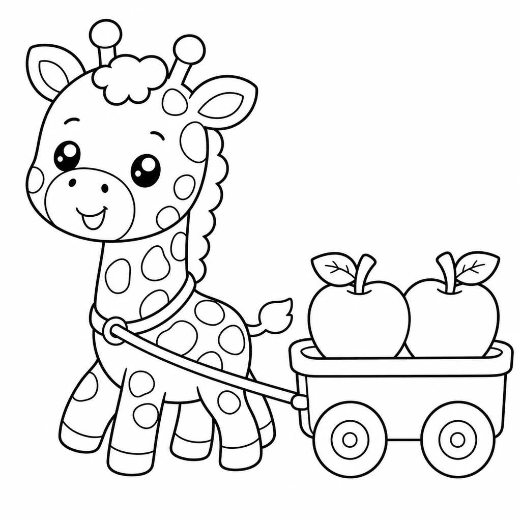 Coloriage : Girafe avec un wagon de pommes