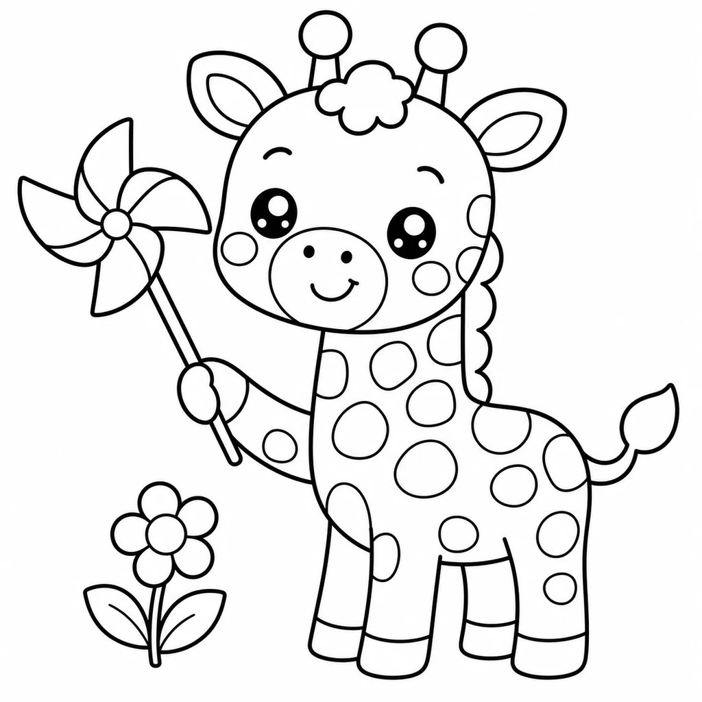 Coloriage : Girafe avec un moulin à vent et une fleur