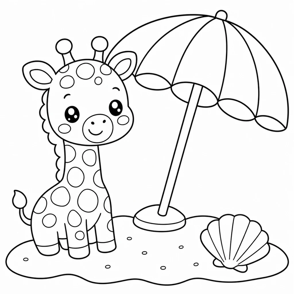 Coloriage : Girafe avec un parasol et un coquillage