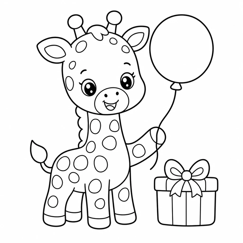 Coloriage : Girafe avec un ballon et un cadeau