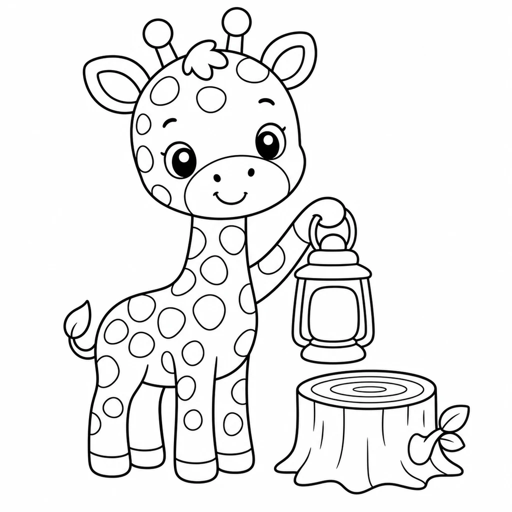 Coloriage : Girafe avec une lanterne et un tronc