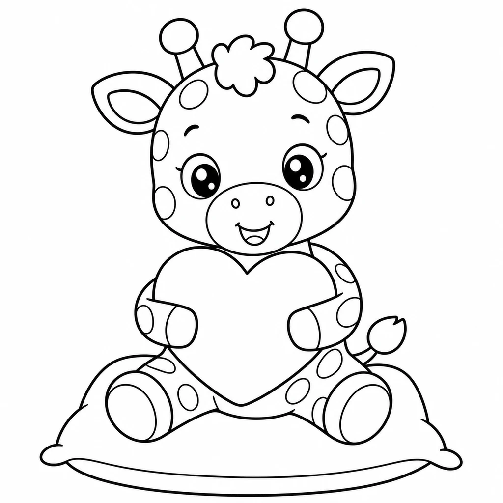 Coloriage : Girafe avec un coussin en cœur