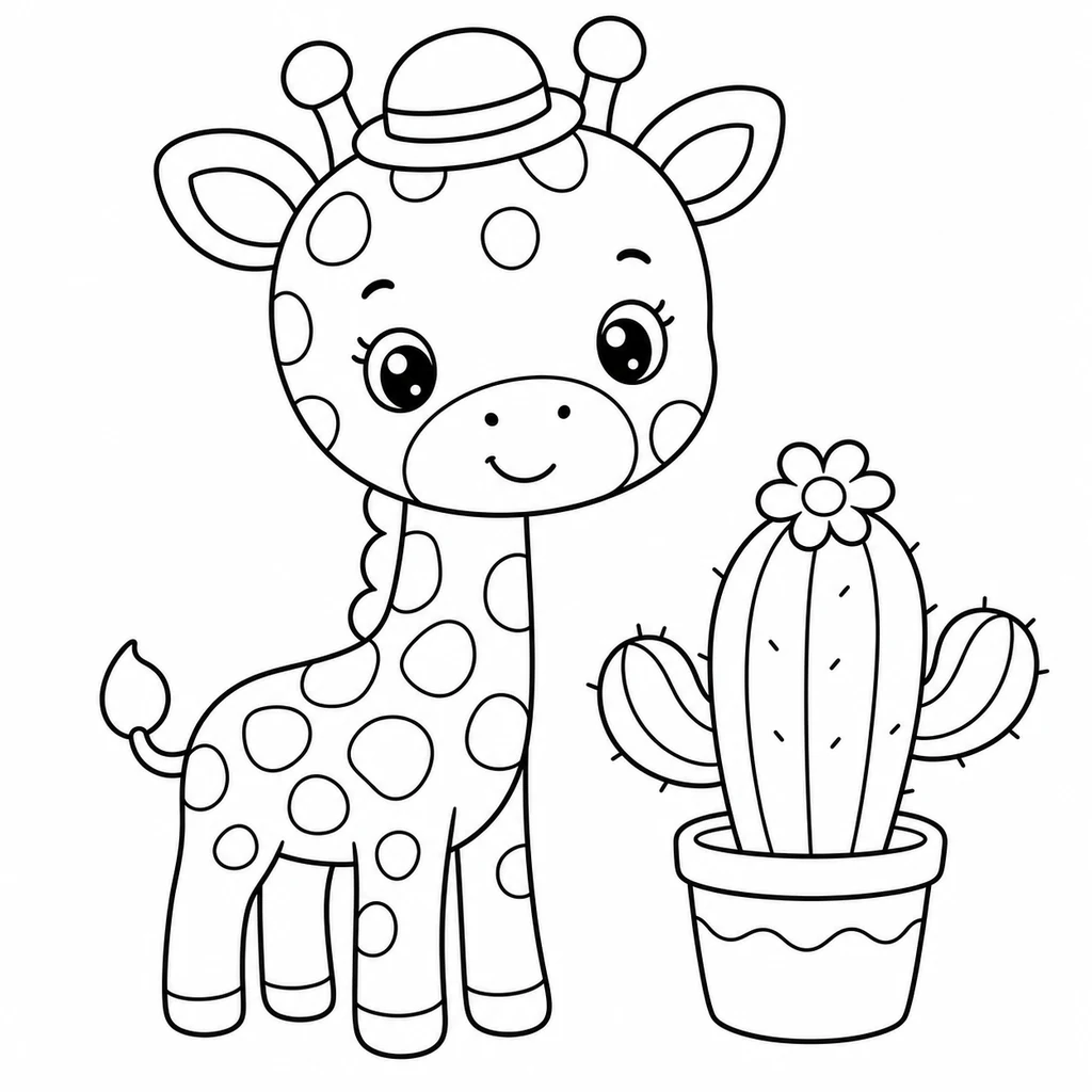 Coloriage : Girafe avec un cactus et un chapeau