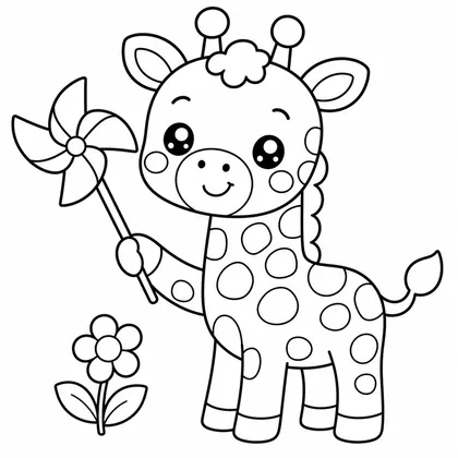 Giraffe with a pinwheel and flower coloring page