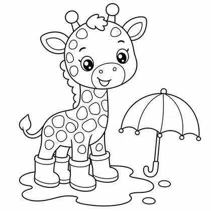 Giraffe with boots and an umbrella coloring page
