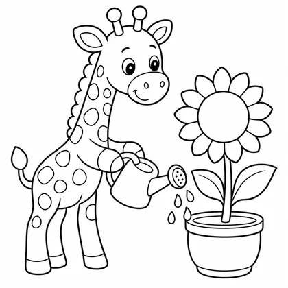 Dibujo de jirafa regando girasol para colorear