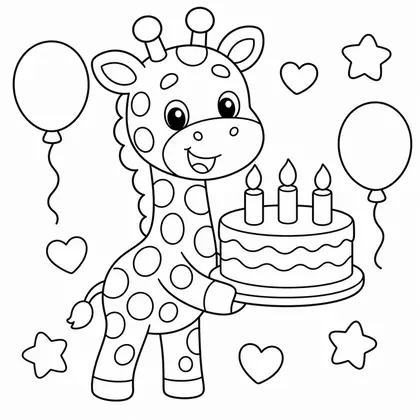 Dibujo de jirafa con tarta de cumpleaños para colorear