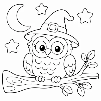 Dibujo de búho con sombrero de bruja para colorear