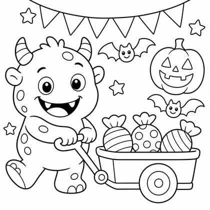 Dibujo de monstruo con carrito de caramelos para colorear