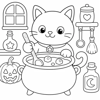 Dibujo de gato cocinando poción para colorear