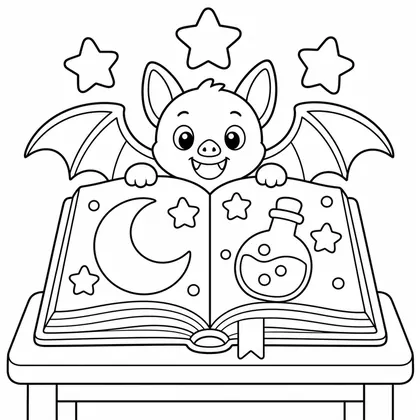 Dibujo de libro mágico con murcielago para colorear