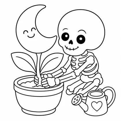 Dibujo de esqueleto plantando flor luna para colorear