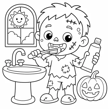 Dibujo de zombi lavándose los dientes para colorear