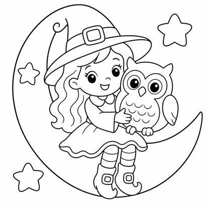 Dibujo de bruja con búho en luna para colorear
