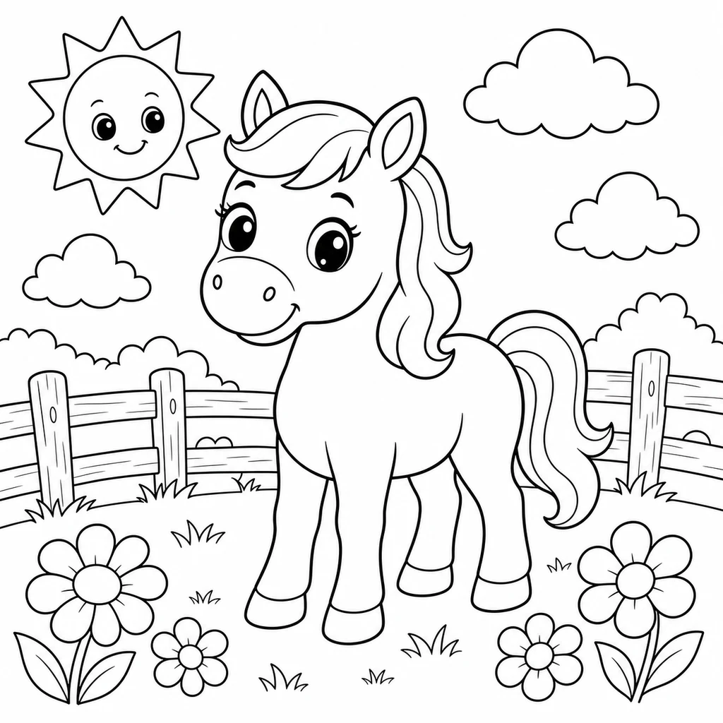 Coloriage : Cheval dans la prairie