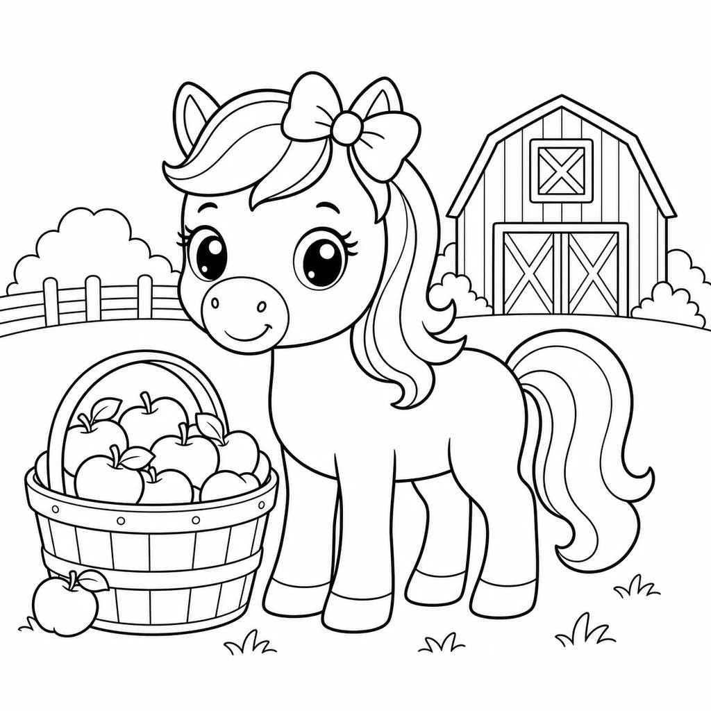 Coloriage : Poney avec un panier de pommes